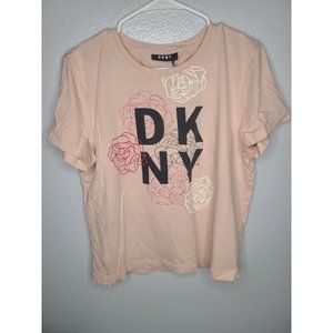 Women's DKNY Floral T-Shirt Pink Crew Neck Roses, Measurements In Description